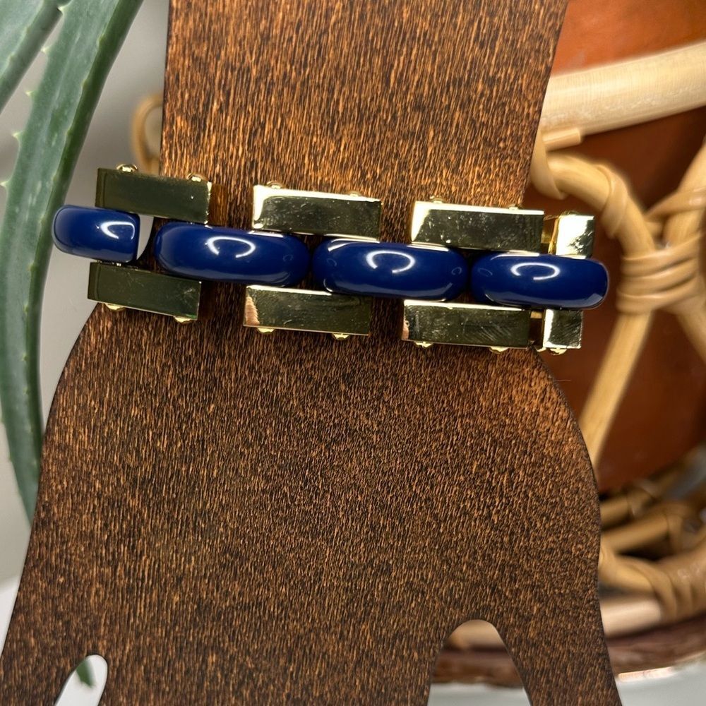 Tory Burch Logo Link Chunky Bangle Bracelet Blue Gold Enamel Chain NWT MSRP $299 - Picture 10 of 11